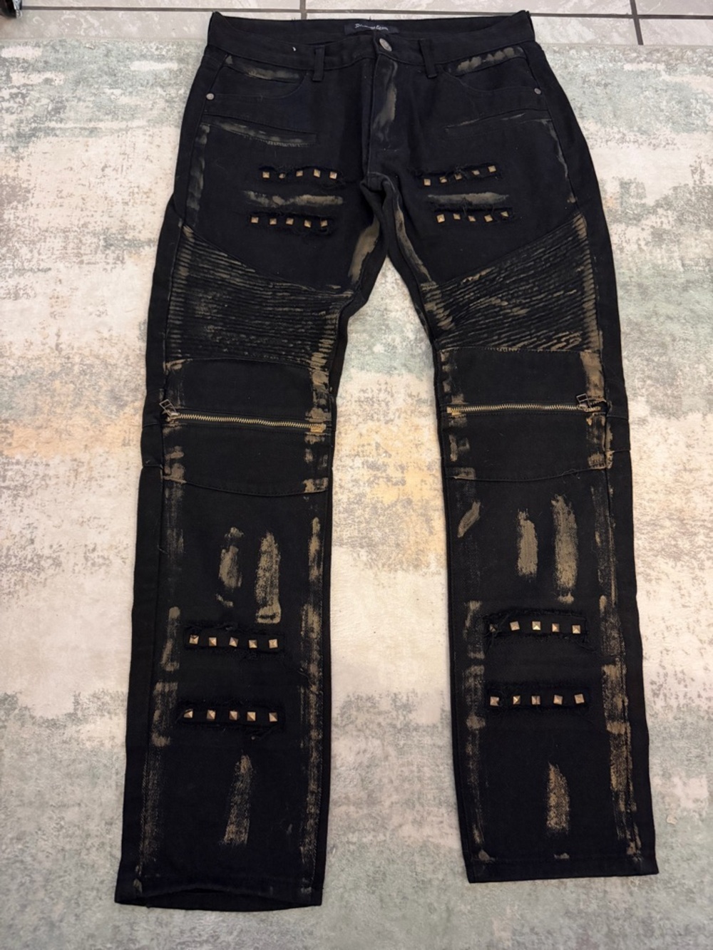 Men's Black Diamond Stash Bleach Pattern Denim Jeans Zipper Details Sz 32